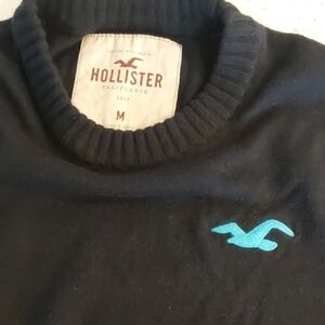 Hollister Men's Black Crewneck Sweater with Teal Seagull Embroidered Logo
